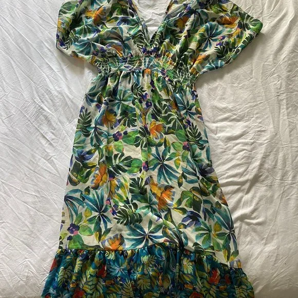 blue island beach cover up dress Blue Island Beach Cover Up Dress Blue WHITE Tie Dye Rayon Embroidered S / M